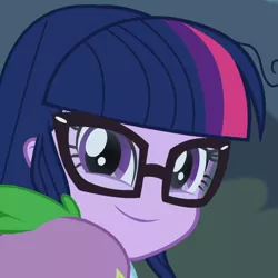 Size: 634x635 | Tagged: safe, derpibooru import, edit, edited screencap, screencap, sci-twi, spike, spike the regular dog, twilight sparkle, dog, equestria girls, friendship games, cropped, faic, no nose, smirk, solo, twiface, wrong neighborhood