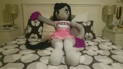 Size: 5312x2988 | Tagged: absurd resolution, anthro, anthro plushie, artist:bigsexyplush, artist:somethingaboutoctavia, bed, bedroom eyes, cheerleader, cheerleader outfit, clothes, costume, cute, derpibooru import, doll, hooves, irl, octavia melody, outfit, photo, plushie, pom pom, pose, safe, socks, socktavia, solo, thigh highs, thunder thighs, toy, unguligrade anthro, wide hips