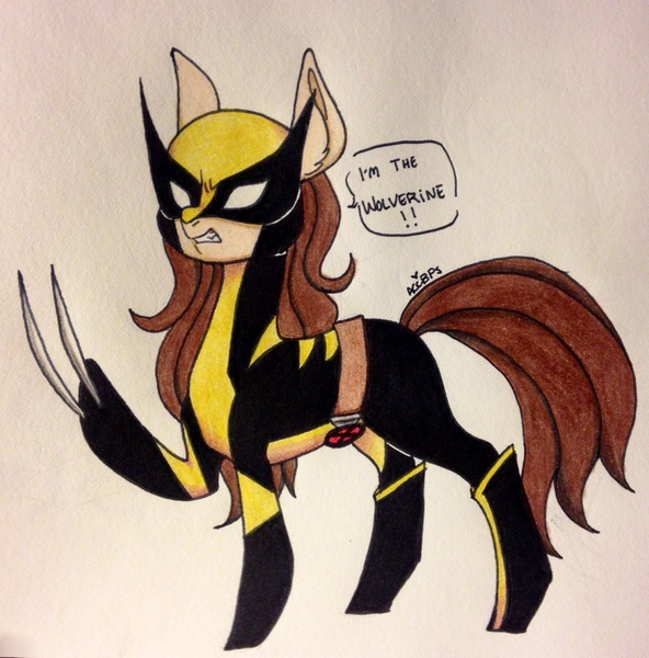 Size: 2268x2299 | Tagged: safe, artist:ameliacostanza, derpibooru import, ponified, earth pony, pony, anti-hero, anti-heroine, belt, bone spike projection, boots, claws, clothes, costume, crossover, fangs, laura kinney, marvel, shoes, solo, traditional art, wolverine, x-23, x-men