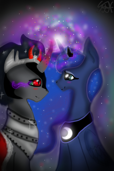 Size: 1000x1500 | Tagged: artist:ghostfacenikol, blushing, derpibooru import, king sombra, lumbra, male, princess luna, safe, shipping, straight