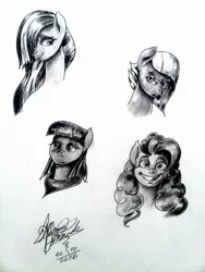 Size: 1536x2048 | Tagged: artist:mannybcadavera, bust, derpibooru import, grayscale, hair over one eye, limestone pie, marble pie, maud pie, monochrome, pie sisters, pinkie pie, portrait, safe, smiling, traditional art