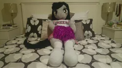 Size: 5312x2988 | Tagged: absurd resolution, anthro, anthro plushie, artist:bigsexyplush, artist:somethingaboutoctavia, bed, bedroom eyes, cheerleader, cheerleader outfit, clothes, costume, covering, cute, derpibooru import, doll, hooves, irl, octavia melody, outfit, photo, plushie, pom pom, pose, safe, socks, socktavia, solo, thigh highs, thunder thighs, toy, unguligrade anthro, wide hips