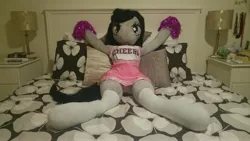Size: 5312x2988 | Tagged: absurd resolution, anthro, anthro plushie, artist:bigsexyplush, artist:somethingaboutoctavia, bed, bedroom eyes, cheerleader, cheerleader outfit, clothes, costume, cute, derpibooru import, doll, female, hooves, irl, octavia melody, outfit, panties, panty shot, photo, plushie, pom pom, pose, skirt, socks, socktavia, solo, solo female, spreading, spread legs, suggestive, thigh highs, thunder thighs, toy, underwear, unguligrade anthro, upskirt, wide hips