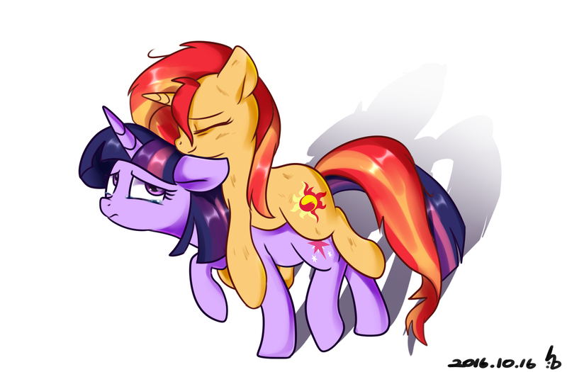 Size: 1600x1050 | Tagged: safe, artist:haden-2375, derpibooru import, sunset shimmer, twilight sparkle, pony, unicorn, caring for the sick, carrying, crying, dirty, female, floppy ears, frown, injured, lesbian, ponies riding ponies, pony caring pony, raised hoof, sad, shipping, sick, simple background, smiling, sunsetsparkle, walking, white background