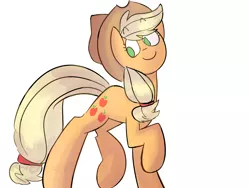 Size: 1600x1200 | Tagged: safe, artist:silverlight130, derpibooru import, applejack, empty eyes, looking back, no catchlights, no pupils, raised hoof, simple background, smiling, solo, walking, white background