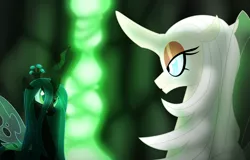 Size: 1280x820 | Tagged: artist:faith-wolff, changeling, changelingified, changeling queen, crossover, derpibooru import, duo, fanfic, fanfic art, fanfic:the bridge, female, gamera (series), legion (gamera), queen chrysalis, safe, species swap