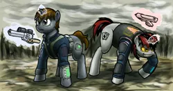 Size: 1972x1044 | Tagged: safe, artist:mistermech, derpibooru import, oc, oc:blackjack, oc:littlepip, unofficial characters only, pony, unicorn, fallout equestria, fallout equestria: project horizons, fanfic, clothes, duo, fanfic art, female, glowing horn, gun, handgun, hooves, horn, levitation, little macintosh, magic, mare, optical sight, pipbuck, pipleg, pistol, revolver, teeth, telekinesis, vault suit, wasteland, weapon