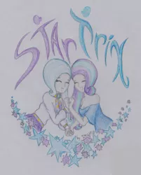 Size: 967x1200 | Tagged: safe, artist:marta4708, derpibooru import, starlight glimmer, trixie, human, eyes closed, female, humanized, lesbian, shipping, smiling, stars, startrix, traditional art