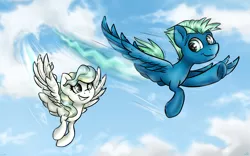 Size: 3599x2246 | Tagged: artist:gaelledragons, contrail, derpibooru import, flying, looking at each other, looking back, safe, sky stinger, smiling, top bolt, vapor trail