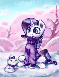 Size: 2956x3893 | Tagged: safe, artist:inowiseei, derpibooru import, part of a set, opalescence, rarity, cat, pony, unicorn, blushing, bow, clothes, cute, duo, female, frown, glare, hair bow, mare, raribetes, scarf, sitting, smiling, snow, snowfall, sweater, winter, winter outfit