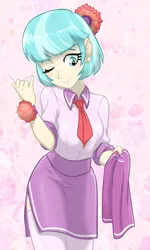 Size: 600x1000 | Tagged: safe, artist:ta-na, derpibooru import, coco pommel, equestria girls, clothes, cocobetes, cute, equestria girls-ified, pincushion, sewing, sewing needle, skirt, solo, wink