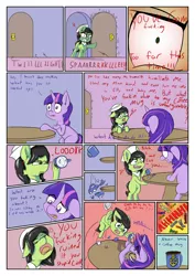 Size: 2000x2828 | Tagged: semi-grimdark, artist:happy harvey, derpibooru import, twilight sparkle, oc, oc:anon, oc:anonfilly, earth pony, pony, unicorn, angry, ascot, bloodshot eyes, chief petty officer, clean, coffee mug, colored, comic, cracked, dialogue, dirty, door, doorknob, doorway, drawn on phone, female, filly, hairclip, hat, human to pony, implied abuse, mare, navy, ribbon, ruined forever, sailor, scared, seasoned, smashing, sparkling, swearing, table, table flip, the more you know, this will end in pain, this will end in tears and/or death, united states navy, vulgar, wall, wingding eyes, yelling