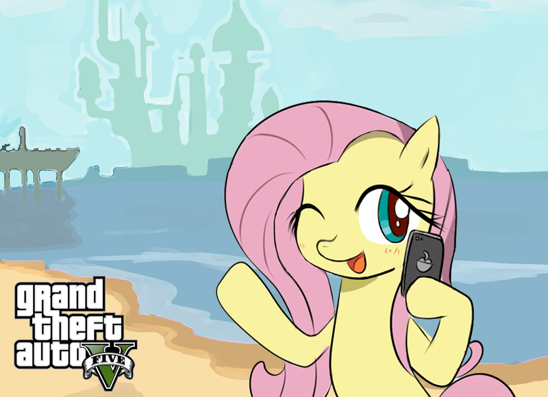 Size: 1685x1221 | Tagged: artist:timorikawa, beach, cute, derpibooru import, fluttershy, grand theft auto, mobile phone, one eye closed, parody, phone, safe, selfie, shyabetes, solo, wink