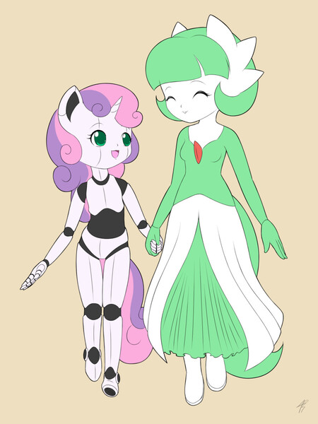 Size: 900x1200 | Tagged: anthro, artist:jdan-s, clothes, cocobetes, coco pommel, cosplay, costume, cute, derpibooru import, diasweetes, friendship is witchcraft, gardevoir, nightmare night, pokémon, robot, safe, sweetie belle, sweetie bot, wip