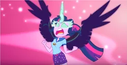 Size: 855x439 | Tagged: safe, derpibooru import, screencap, sci-twi, twilight sparkle, equestria girls, legend of everfree, big no, glowing eyes, horn, midnight sparkle, mindscape, possession, sad, scared, screaming, solo, transformation, wings