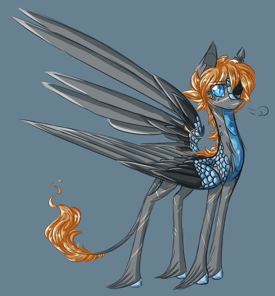 Size: 1465x1579 | Tagged: alternate universe, artist:australian-senior, blue eyes, colored hooves, colored sclera, crossover, derpibooru import, dracony, eyepatch, gray background, hybrid, kirin, kirindos, leonine tail, oc, oc:wheatley invictus, portal 2, portal (valve), safe, scales, simple background, solo, torn ear, unofficial characters only, unshorn fetlocks, wheatley