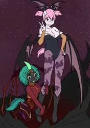 Size: 1039x1476 | Tagged: anthro, anthro oc, artist:linedraweer, changeling, changeling oc, clothes, commission, cosplay, costume, darkstalkers, derpibooru import, female, halloween, halloween costume, hug, leg hug, lesbian, morrigan aensland, oc, oc:sweet cheeks, oc:titch, plantigrade anthro, safe, sarah kerrigan, size difference, starcraft, succubus, unofficial characters only