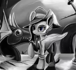 Size: 1346x1234 | Tagged: safe, artist:ponsce, derpibooru import, bat pony, pony, hat, monochrome, sea monster, tricorne