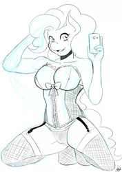 Size: 1344x1900 | Tagged: anthro, artist:the-unicorn-lord, clothes, corset, derpibooru import, female, fishnets, lingerie, monochrome, panties, pinkie pie, selfie, solo, solo female, stockings, suggestive, underwear, unguligrade anthro