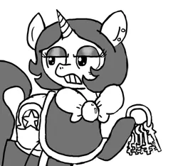 Size: 640x600 | Tagged: safe, artist:ficficponyfic, derpibooru import, oc, oc:joyride, unofficial characters only, pony, unicorn, colt quest, bowtie, clothes, cutie mark, ear piercing, eyeshadow, horn, key, keychain, leggings, makeup, mantle, monochrome, piercing, scowl, solo, story included, unhappy