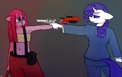 Size: 1280x807 | Tagged: anthro, armpits, breast binding, crossover, derpibooru import, flare gun, gun, handgun, mexican standoff, parody, pinkie pie, pinkie pyro, pyro, rarispy, rarity, revolver, safe, spy, suspenders, team fortress 2