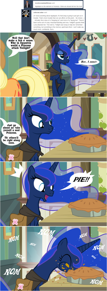 Size: 1000x2700 | Tagged: applejack, artist:flash equestria photography, cloak, clothes, comic, derpibooru import, food, hunted luna, nom, pie, princess luna, saddle bag, safe