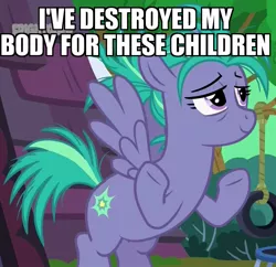 Size: 1095x1060 | Tagged: air pop, bags under eyes, derpibooru import, edit, edited screencap, image macro, meme, mother, rope, safe, screencap, smiling, solo, tire swing, top bolt, trampoline