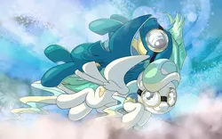 Size: 4000x2500 | Tagged: safe, artist:skodadav, derpibooru import, sky stinger, vapor trail, pegasus, pony, top bolt, abstract background, clothes, colored, duo, female, flying, goggles, male, mare, stallion, trainee, uniform, wavy mouth, wonderbolt trainee uniform