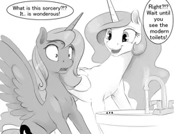 Size: 1280x989 | Tagged: safe, artist:silfoe, derpibooru import, princess celestia, princess luna, alicorn, pony, royal sketchbook, amazed, but why, cute, cutelestia, duo, female, frown, grayscale, hot water, indoor plumbing, mare, mind blown, monochrome, on the moon for too long, open mouth, s1 luna, shocked, sink, sitting, smiling, spread wings, toilet, water, wide eyes, wings