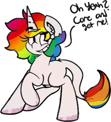Size: 329x364 | Tagged: artist:moonydusk, classical unicorn, derpibooru import, dialogue, ear fluff, leonine tail, looking at you, neck fluff, oc, oc:rainbow quasar, raffle prize, rainbow hair, rainbow tail, raised eyebrow, raised hoof, safe, simple background, smiling, solo, transparent background, unofficial characters only, unshorn fetlocks