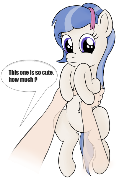 Size: 645x960 | Tagged: safe, artist:dopeedit, derpibooru import, oc, oc:cutie stripe, unofficial characters only, human, pony, belly, buying, female, filly, frown, holding a pony, looking at you, ponies for sale, pony pet, ribbon, simple background, speech bubble, text, unamused, white background