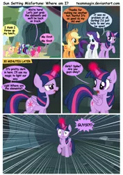 Size: 4961x7016 | Tagged: safe, artist:teammagix, derpibooru import, applejack, fluttershy, pinkie pie, rainbow dash, rarity, spike, twilight sparkle, twilight sparkle (alicorn), alicorn, pony, comic:sun setting misfortune, absurd resolution, cave, comic, mane seven, mane six