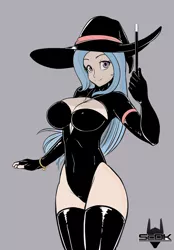 Size: 1044x1501 | Tagged: absolute cleavage, artist:scorpdk, boob window, bracelet, breasts, busty trixie, cleavage, clothes, colored, color edit, derpibooru import, edit, evening gloves, female, gloves, gray background, hat, human, humanized, jewelry, latex, leotard, looking at you, simple background, skintight clothes, smiling, socks, solo, solo female, suggestive, thigh highs, trixie, wand, witch, witch hat