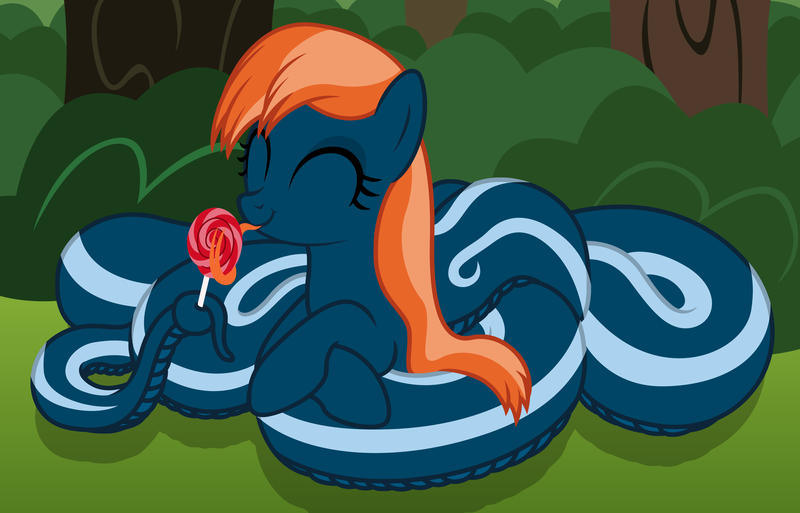 Size: 3362x2157 | Tagged: safe, artist:badumsquish, derpibooru import, oc, oc:kalianne, unofficial characters only, lamia, original species, snake pony, :p, candy, crossed hooves, cute, eyes closed, female, food, forked tongue, happy, innocent, licking, lollipop, long tongue, prone, reclining, smiling, solo, tail hold, tongue out