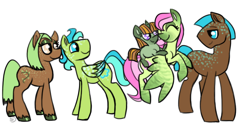 Size: 800x450 | Tagged: safe, artist:sallindaemon, derpibooru import, oc, oc:cloud watcher, oc:cloudheart, oc:green piece, oc:groundbreaker, oc:pot luck, unofficial characters only, earth pony, pegasus, pony, unicorn, female, filly