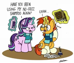 Size: 1917x1625 | Tagged: safe, artist:bobthedalek, derpibooru import, starlight glimmer, sunburst, pony, unicorn, angry, book, clothes, dialogue, duo, ink, levitation, looking at each other, magic, open mouth, paper, quill, scarf, shampoo, simple background, telekinesis, unamused, white background