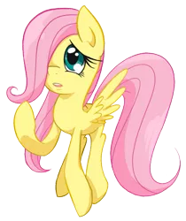 Size: 473x564 | Tagged: artist:bloodorangepancakes, derpibooru import, filly, filly fluttershy, fluttershy, looking up, open mouth, raised hoof, safe, simple background, solo, spread wings, transparent background