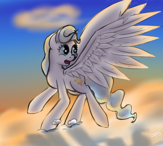 Size: 1400x1250 | Tagged: safe, artist:frecklesfanatic, derpibooru import, vapor trail, pegasus, pony, top bolt, cloud, female, mare, solo, spread wings, sunset