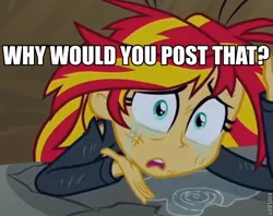 Size: 586x465 | Tagged: safe, derpibooru import, edit, edited screencap, screencap, sunset shimmer, equestria girls, bruised, crater, crying, female, hole, image macro, meme, puddle, reaction image, solo, sunsad shimmer, text, text edit, watermark, why would you post that