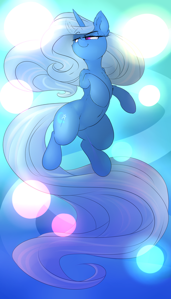 Size: 2400x4200 | Tagged: safe, artist:madacon, derpibooru import, trixie, pony, unicorn, absurd resolution, belly button, blue background, cheek fluff, chest fluff, colored pupils, ear fluff, female, floating, flowing mane, gradient background, grin, impossibly long tail, lidded eyes, long tail, looking away, mare, no pupils, raised eyebrow, simple background, smiling, smirk, smug, solo