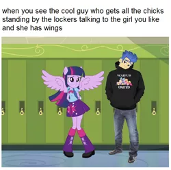 Size: 642x638 | Tagged: safe, derpibooru import, flash sentry, twilight sparkle, equestria girls, brad, canterlot high, exploitable meme, hallway, lockers, meme, ponied up, school, wings