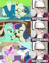 Size: 563x720 | Tagged: safe, derpibooru import, bon bon, lyra heartstrings, princess cadance, shining armor, sky stinger, sweetie drops, vapor trail, human, top bolt, blatant lies, damn it jim, female, gaydar not workin, insane troll logic, irl, irl human, jim miller, just friends, kissing, lesbian, lyrabon, male, photo, shiningcadance, shipping, shipping denied, straight, vaporsky