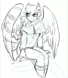 Size: 751x865 | Tagged: anthro, artist:glacierclear, clothes, derpibooru import, hippogriff, monochrome, oc, oc:cirrus sky, original species, plantigrade anthro, safe, shawl, sitting, smiling, socks, solo, talons, tassels, unofficial characters only