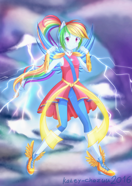 Size: 3508x4961 | Tagged: safe, artist:kateychazuu, derpibooru import, rainbow dash, equestria girls, absurd resolution, alternate hairstyle, clothes, crystal guardian, crystal wings, electric dash, lightning, magical girl, ponied up, solo, stormcloud