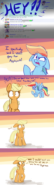 Size: 1280x4308 | Tagged: safe, artist:heir-of-rick, derpibooru import, applejack, rainbow dash, appledash, blatant lies, comic, female, lesbian, missing accessory, not gay, reddit, shipping, sketch