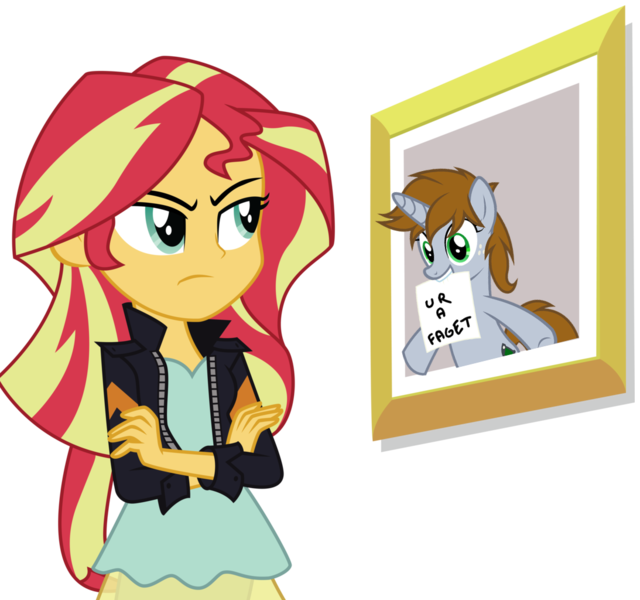 Size: 1093x1024 | Tagged: safe, derpibooru import, sunset shimmer, oc, oc:littlepip, pony, unicorn, fanfic, equestria girls, my past is not today, faget, faggot, fanfic art, female, frame, horn, mare, meme, simple background, solo, sunset's picture frame, text, transparent background, ur a faget, vector, vulgar