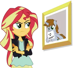 Size: 1093x1024 | Tagged: safe, derpibooru import, sunset shimmer, oc, oc:littlepip, pony, unicorn, fanfic, equestria girls, my past is not today, faget, faggot, fanfic art, female, frame, horn, mare, meme, simple background, solo, sunset's picture frame, text, transparent background, ur a faget, vector, vulgar