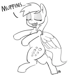 Size: 1280x1443 | Tagged: safe, artist:pabbley, derpibooru import, derpy hooves, pony, bipedal, dialogue, drool, monochrome, sleeping, sleepwalking, solo, that pony sure does love muffins