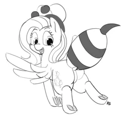 Size: 1280x1190 | Tagged: animal costume, artist:pabbley, bee costume, clothes, costume, derpibooru import, flutterbee, fluttershy, looking back, monochrome, plot, solo, suggestive, underhoof