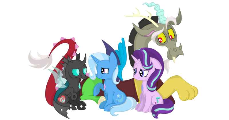 Size: 3902x2043 | Tagged: safe, artist:squipycheetah, derpibooru import, discord, starlight glimmer, thorax, trixie, changeling, draconequus, pony, unicorn, to where and back again, alternate universe, cutie mark, fangs, female, floppy ears, gem, happy, heart, looking at each other, looking back, love and tolerate, male, mare, missing accessory, peace symbol, raised hoof, reformed four, shading, simple background, sitting, smiling, spread wings, transparent background, transparent wings, vector